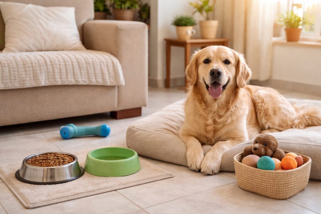 Cachorro descansando em casa em ambiente organizado durante rotina com pets diária