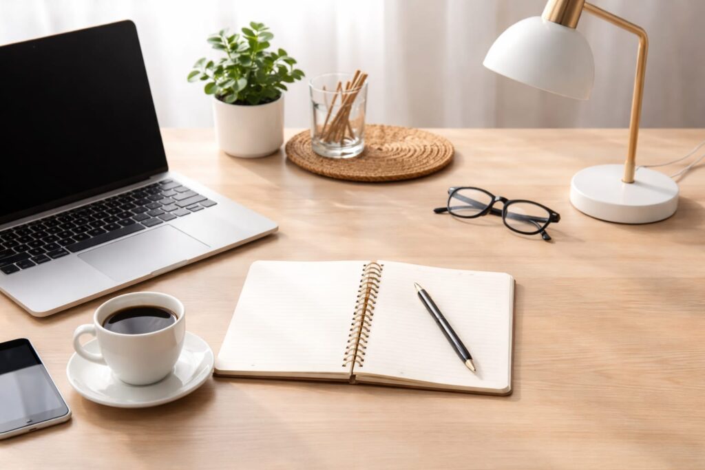 Mesa organizada com notebook, café e ambiente de trabalho clean