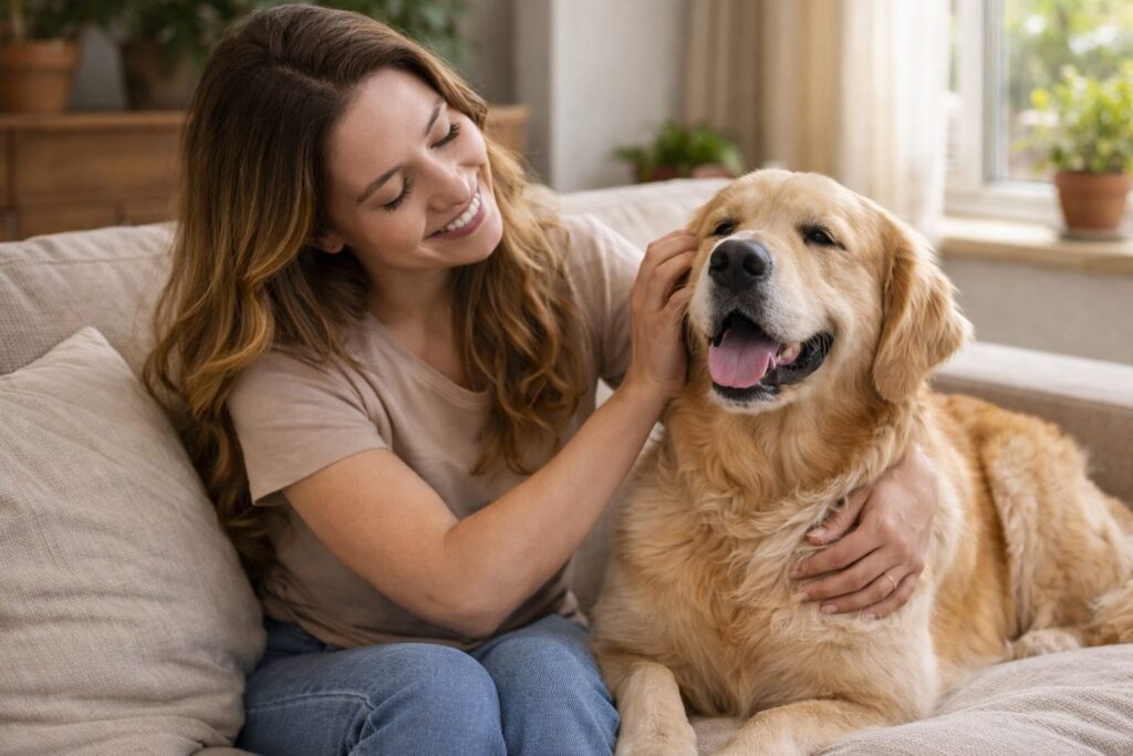 Mulher cuidando de cachorro em casa durante rotina diária com pet em ambiente doméstico