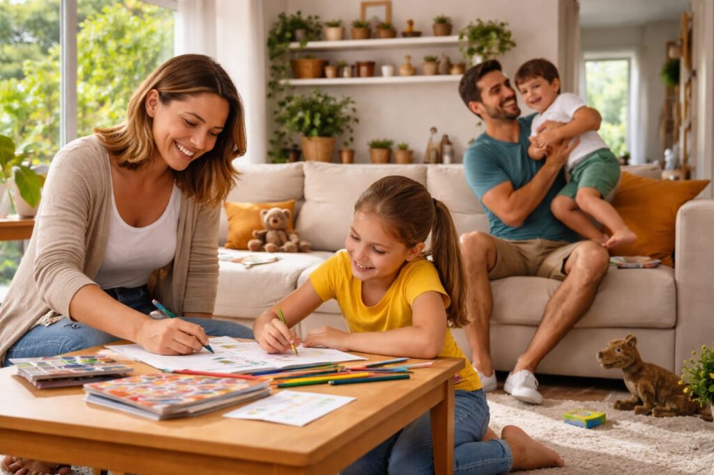 Família com crianças brincando em casa durante rotina diária organizada e leve