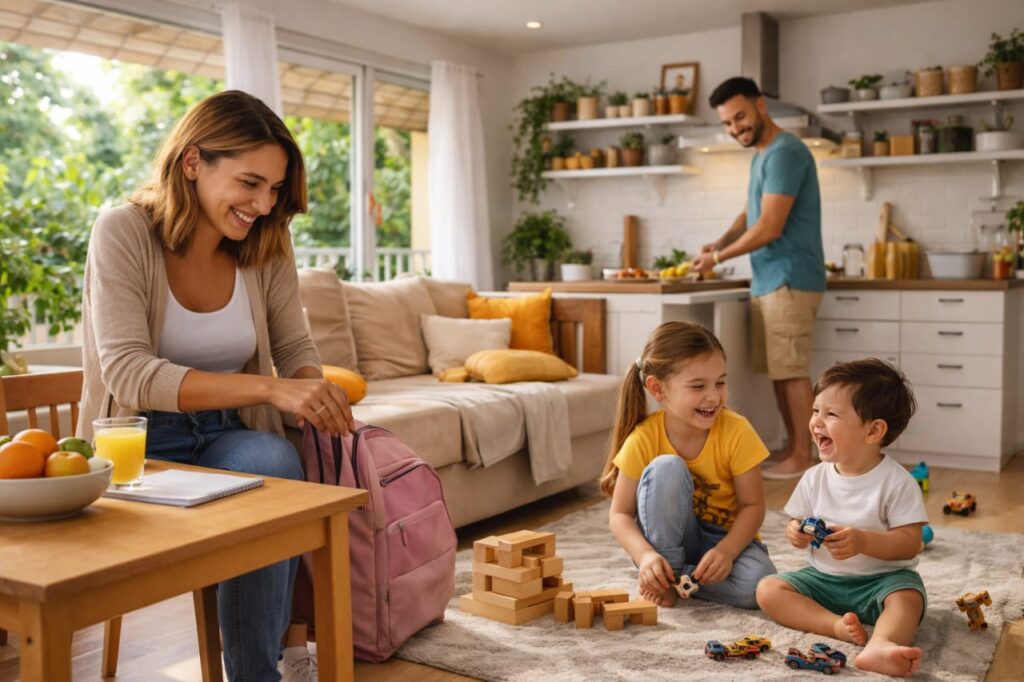Família brasileira com duas crianças em casa organizada durante rotina diária leve e equilibrada
