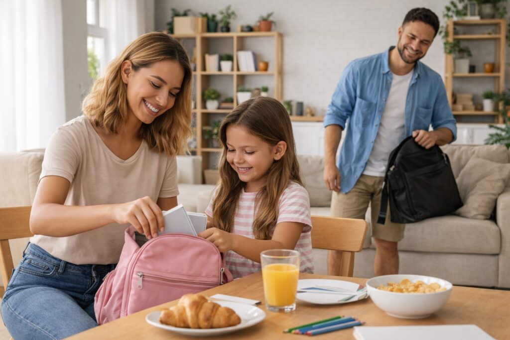Família organizando rotina da manhã em casa