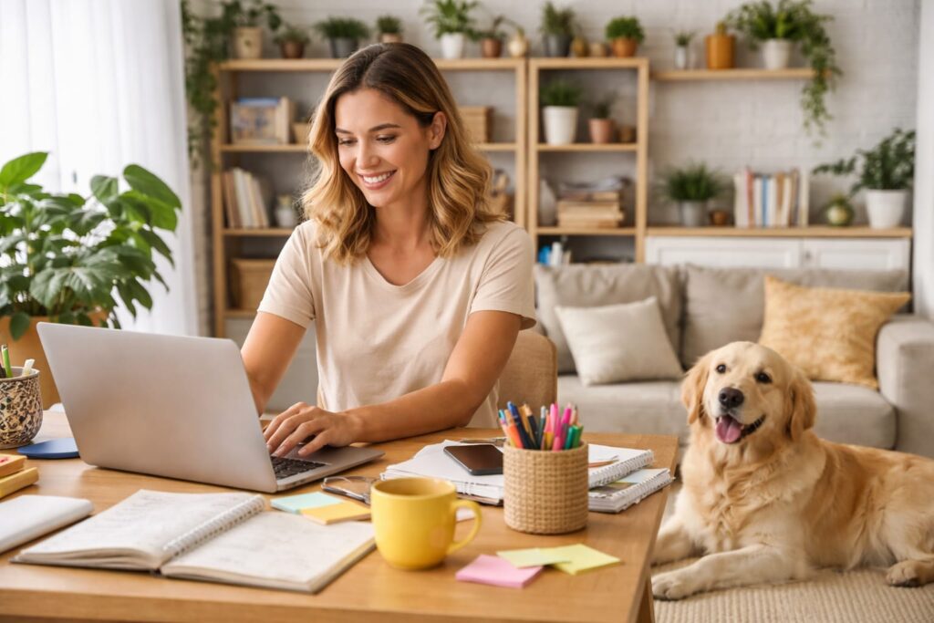 Pessoa trabalhando em casa com cachorro ao lado em ambiente organizado