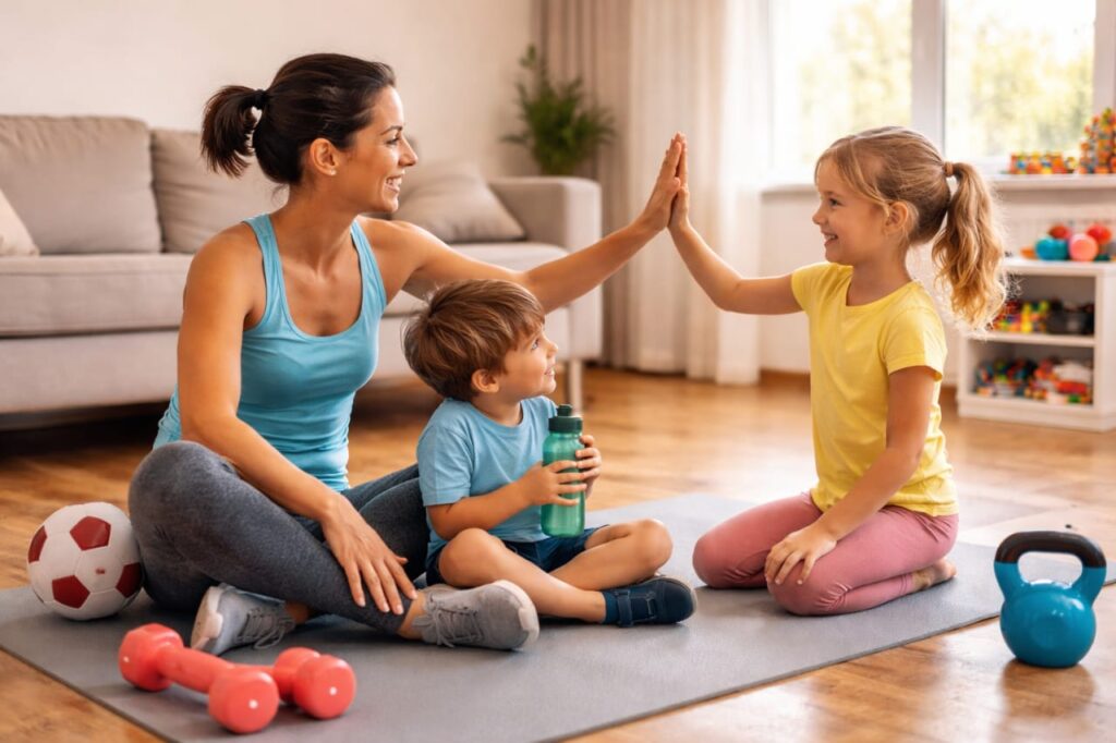 Rotina saudável em casa com crianças Mãe e filhos fazendo atividade física em casa, mostrando como manter uma rotina saudável com crianças de forma simples