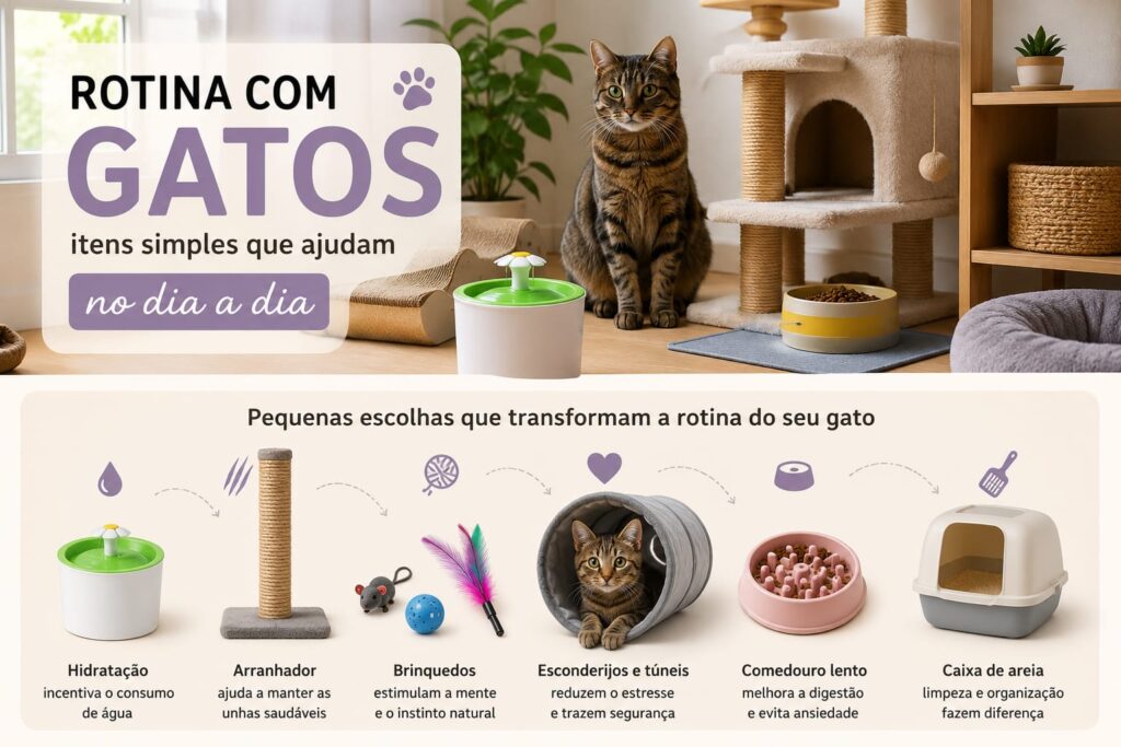 Infográfico mostrando itens para rotina felina como fonte de água, arranhador, brinquedos interativos, túnel e caixa de areia