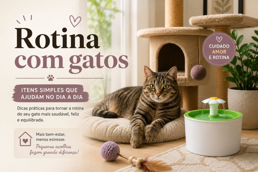 Gato relaxando em ambiente interno com arranhador, fonte de água e itens que ajudam na rotina felina dentro de casa